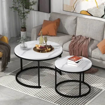 Set de 2 Masute de Cafea Moderne Rotunde Suprapozabile din MDF cu Structura din Metal, Design Economisire Spatiu, 50x70,5 cm+45,5x44 cm, culoare marmura imagine