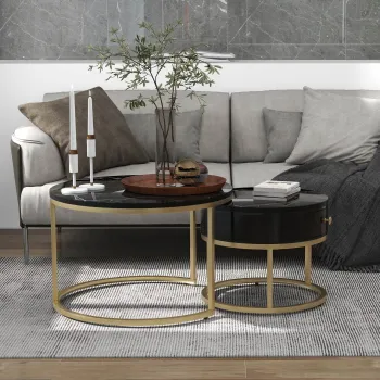 Set de 2 Masute de Cafea Moderne Suprapuse cu Efect de Marmura Lucioasa, Structura din Metal, 70x70x48 cm si 50x50x43,5 cm, Negru imagine