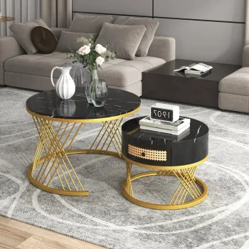 Set de 2 Masute de Cafea Rotunde cu Blat cu Efect de Marmura si Sertare din Ratan Sintetic, Picioare din Fier, 70x70x45,5 cm + 50x50x38,5 cm, Negru imagine