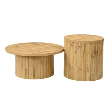Set de 2 masute de cafea rotunde, cu fronturi cu lamele verticale din lemn natural si colturi rotunjite, 75x75x36 cm/50x50x50,5 cm, Culoare naturala imagine