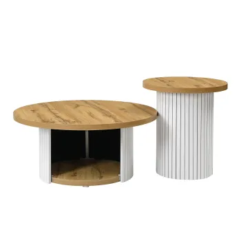 Set de 2 masute de cafea rotunde, masa principala si masuta laterala cu compartiment de depozitare, 75x75x50/45x45x35 cm, Culoare naturala imagine