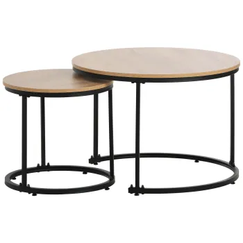 Set de 2 Masute de Cafea Rotunde, Masute Suprapozabile din MDF cu Structura din Metal, Design Economisire Spatiu, Masa Mare: 50 x 70,5 cm, Masa Mica: 45,5 x 44 cm, Naturale imagine