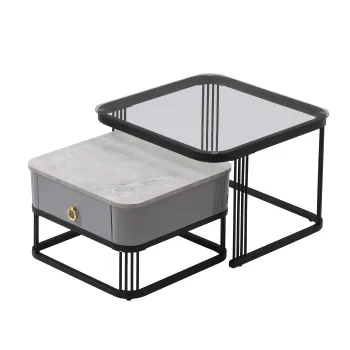 Set de 2 Masute de Cafea Suprapozabile cu Blat din Marmura Lucioasa si Sticla, Structura din Metal si Sertare, 60x60x42 cm + 50x50x34 cm, Negru imagine