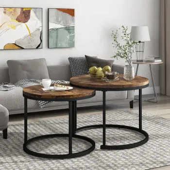 Set de 2 masute rotunde, masuta suprapusa cu blat din MDF si structura din otel, masa mare 50 x 70,5 cm, masa mica 45,5 x 44 cm, Maro imagine