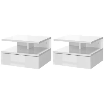 Set de 2 noptiere moderne, suspendate, pentru dormitor si raft superior din lemn 35x32x22.5cm, alb lucios | Aosom RO imagine