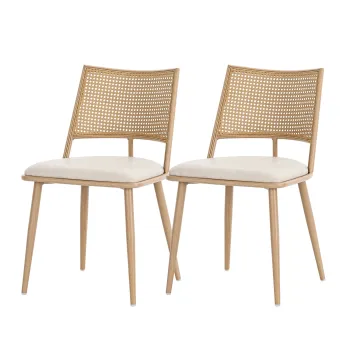 Set de 2 scaune de dining cu sezut din piele ecologica si spatar din rattan, structura din metal, 46x48x80 cm, Bej imagine