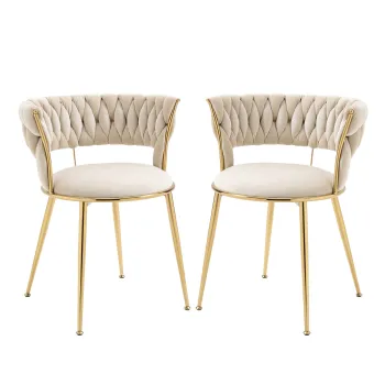 Set de 2 scaune de dining din catifea moale, stil modern cu spatar impletit si brate, Alb imagine