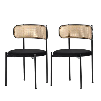 Set de 2 scaune de dining din tesatura cu efect de catifea, cu picioare din metal si spatar din ratan, 60x18x86 cm, Negru imagine