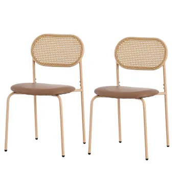 Set de 2 scaune de dining moderne din ratan cu cadru metalic, 56x52x27 cm, Maro imagine