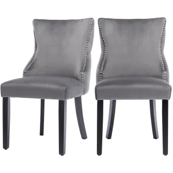 Set de 2 scaune tapitate pentru sufragerie cu detalii de nasturi si nituri metalice, 50x52x91 cm, Gri imagine