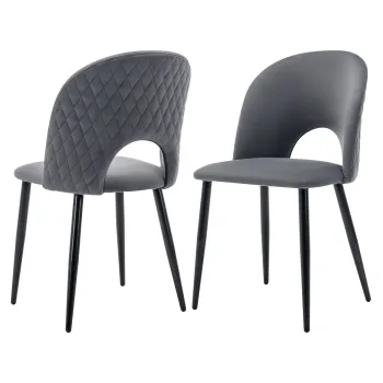 Set de 2 scaune tapitate pentru sufragerie din catifea cu spatar diamantat si structura din metal, 47x44x84 cm, Gri imagine