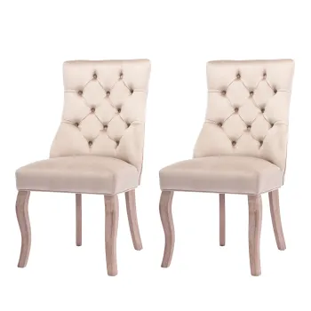 Set de 2 scaune tapitate pentru sufragerie din catifea cu spatar inalt matlasat cu nasturi, 51x47x97 cm, Bej imagine