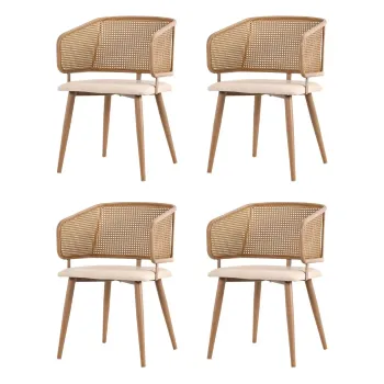 Set de 4 scaune de sufragerie cu spatar din ratan, Bej+Maro | Aosom Romania imagine
