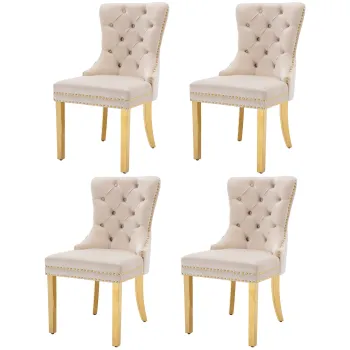 Set de 4 scaune de sufragerie tapitate in catifea, Bej | Aosom Romania imagine