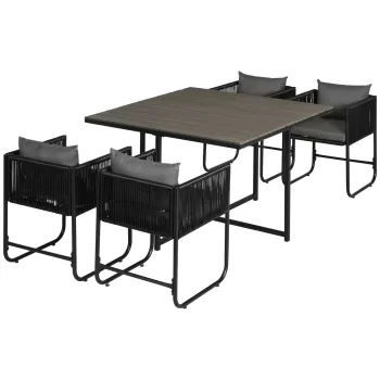 Set de Gradina 5 Bucati Outsunny, Ratan PE si Otel, 4 Scaune cu Perne, Negru, Gri | Aosom RO imagine