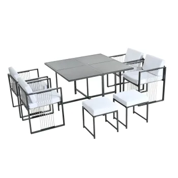 Set de gradina 7 piese pentru 6 persoane, masa din sticla securizata, 4 scaune impletite si 2 taburete pentru picioare, Negru+Alb imagine