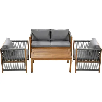 Set de gradina din rattan sintetic cu perne confortabile, canapea dubla, 2 fotolii si masa pentru exterior din acacia, Gri imagine