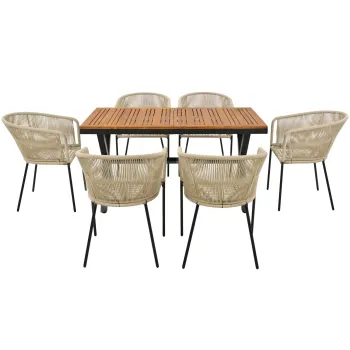 Set de masa pentru gradina, 7 piese, cu 6 fotolii si 1 masa, Franghie impletita manual, Perne de sezut detasabile si lavabile, Bej imagine