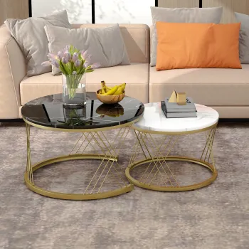 Set de Masute de Cafea Moderne cu Imbinare, Masute cu Finisaj Efect de Marmura si Structura Metalica Aurie, 70x70x45 cm si 45x45x40 cm, Negru imagine