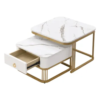 Set de Masute de Cafea Suprapozabile din Marmura Lucioasa cu Detalii Aurii si Sertare, 60x60x45 cm + 50x50x34 cm, Alb imagine