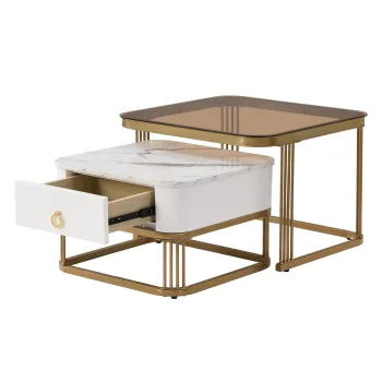 Set de Masute de Cafea Suprapozabile din Marmura Lucioasa si Sticla cu Detalii Aurii si Sertare, 60x60x42,5 cm + 50x50x34 cm, Alb imagine