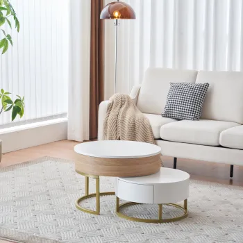 Set de Masute de Cafea Suprapozabile Reglabile pe Inaltime cu Doua Sertare, Design Elegant din MDF, 70x70x42/56,5 + 60x60x24 cm, Alb imagine