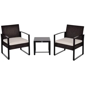 Set de mobilier de balcon Outsunny din Poliratan pentru 2 persoane, set de balcon cu perne Maro+Crem | Aosom Romania imagine