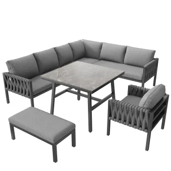 Set de mobilier de gradina cu canapea de colt si blat de masa din sticla securizata, Gri | Aosom Romania imagine
