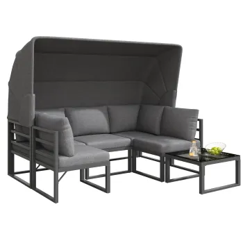 Set de mobilier de gradina din 4 piese, canapea cu trei locuri cu marchiza, 2 fotolii individuale si masuta de cafea, Gri imagine