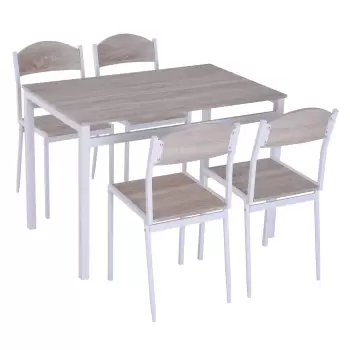 Set de Pranz Masa cu 4 Scaune in Metal si MFD, Alb si Lemn imagine