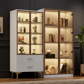 Set de Vitrine Moderne cu Iluminare LED si Rafturi Reglabile, potrivite pentru living, birou, din Sticla, 80x40x160 cm + 70x35x150 cm, Alb imagine