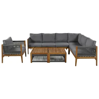 Set lounge de gradina pentru 7-8 persoane cu canapea, mese si perne, husa lavabila, design din franghie, Culoare naturala+Gri imagine