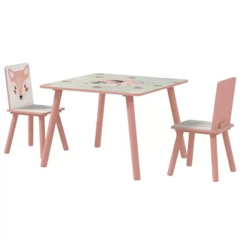 Set masa si scaun 3 piese ZONEKIZ pentru copii cu varsta intre 3-8 ani din MDF si lemn de pin cu desene animale, de culoare roz imagine