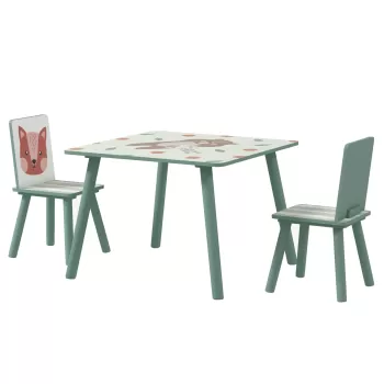 Set masa si scaun ZONEKIZ de 3 piese pentru copii cu varsta de 3-8 ani din MDF si lemn de pin cu desene animale, de culoare verde imagine
