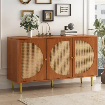 Set Mobila de Living din Ratan cu Comoda Moderna cu Trei Usi si Dulap pentru Pantofi cu Doua Usi Glisante, Culoare nuc imagine