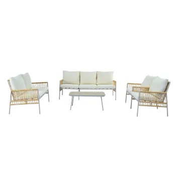 Set mobilier de gradina 7 locuri din PE-ratan si otel zincat, masuta cu blat din sticla temperata cu efect lemn, perne lavabile, Bej imagine