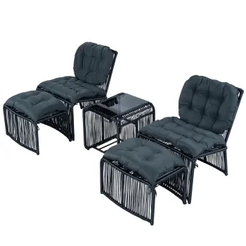 Set mobilier de gradina de exterior in 5 piese, set lounge pentru balcon cu 2 scaune, 2 taburete si masa cu blat din sticla, Negru+Gri imagine