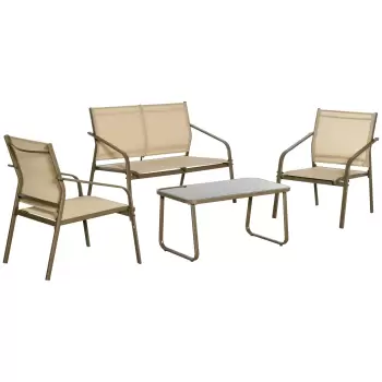Set Mobilier de Gradina din 4 piese Outsunny, Salon in aer liber cu 2 Scaune, 1 Canapea si 1 Masuta de Cafea din Metal si Texteline, Kaki imagine