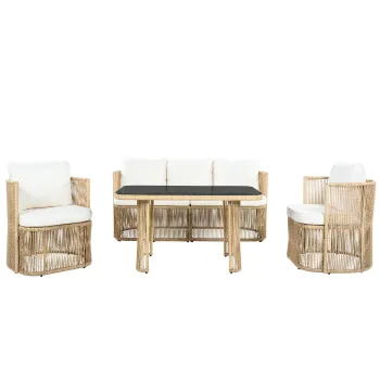 Set mobilier de gradina din PE-rattan, 5 piese, canapea 3 locuri, 2 fotolii si masa cu blat din sticla, Bej+Negru+Alb imagine