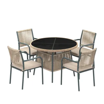 Set mobilier de gradina modern, 5 piese, masa rotunda cu blat din sticla securizata, 4 scaune cu brate cu spatar din sfoara, Gri imagine