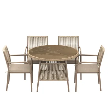 Set mobilier de gradina modern, 5 piese, masa rotunda cu blat din sticla securizata, 4 scaune cu brate cu spatar din sfoara, Maro imagine