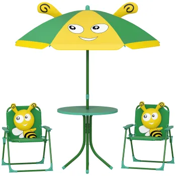 Set mobilier de gradina pentru copii AIYAPLAY, Scaune, Masa, Umbrela, Design de Albinute, Verde+Galben | Aosom Romania imagine