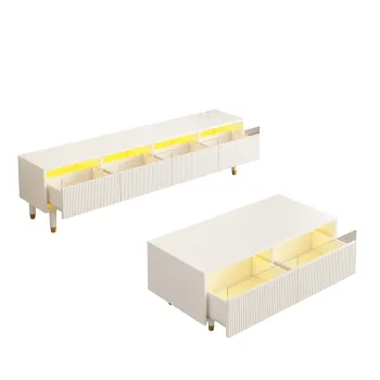 Set mobilier LED modern, comoda TV cu 4 usi & masa de cafea cu 2 sertare, 178x35x45+110x50x40 cm, Alb imagine