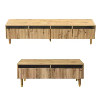 Set mobilier LED modern, comoda TV cu 4 usi & masa de cafea cu 2 sertare, 178x35x45+110x50x40 cm, Culoare naturala imagine