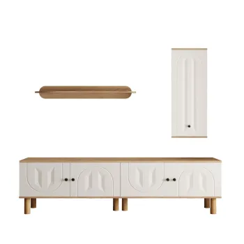 Set mobilier living 3 piese, compus din dulap inalt, comoda joasa si etajera de perete, Culoare naturala imagine
