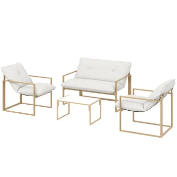 Set mobilier pentru gradina 4 piese Outsunny, set pentru terasa cu masa cu blat din sticla securizata, canapea, 2 fotolii, Alb | Aosom Romania imagine