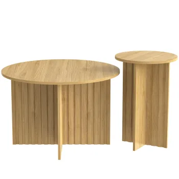 Set modern de 2 masute tip cuib, cu blaturi rotunde si structura verticala pe lateral, 76x76x50 cm/40x40x56,5 cm, Culoare naturala imagine