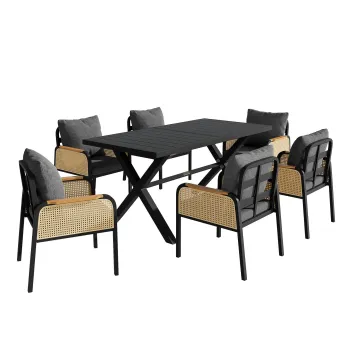 Set modern de masa pentru gradina si terasa, 6 piese, cu cadru din fier in forma de cruce, Negru+Culoare naturala imagine