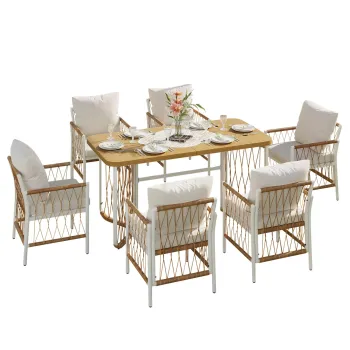 Set modern de mobilier de gradina, 7 piese, cadru alb din fier cu cotiere impletite, 1 masa+6 scaune, Bej+Culoare naturala imagine