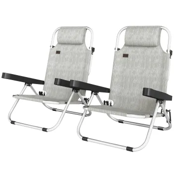 Set Outsunny 2 Sezlonguri Pliabile si Reclinabile pe 4 Pozitii cu Suport pentru Cap, din Aluminiu, 62x61x80 cm, Gri | Aosom Romania imagine